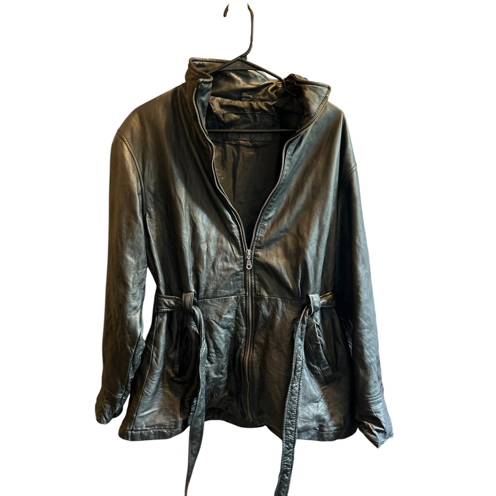Jacqueline Ferrar Black Leather Jacket Women's Large Belted